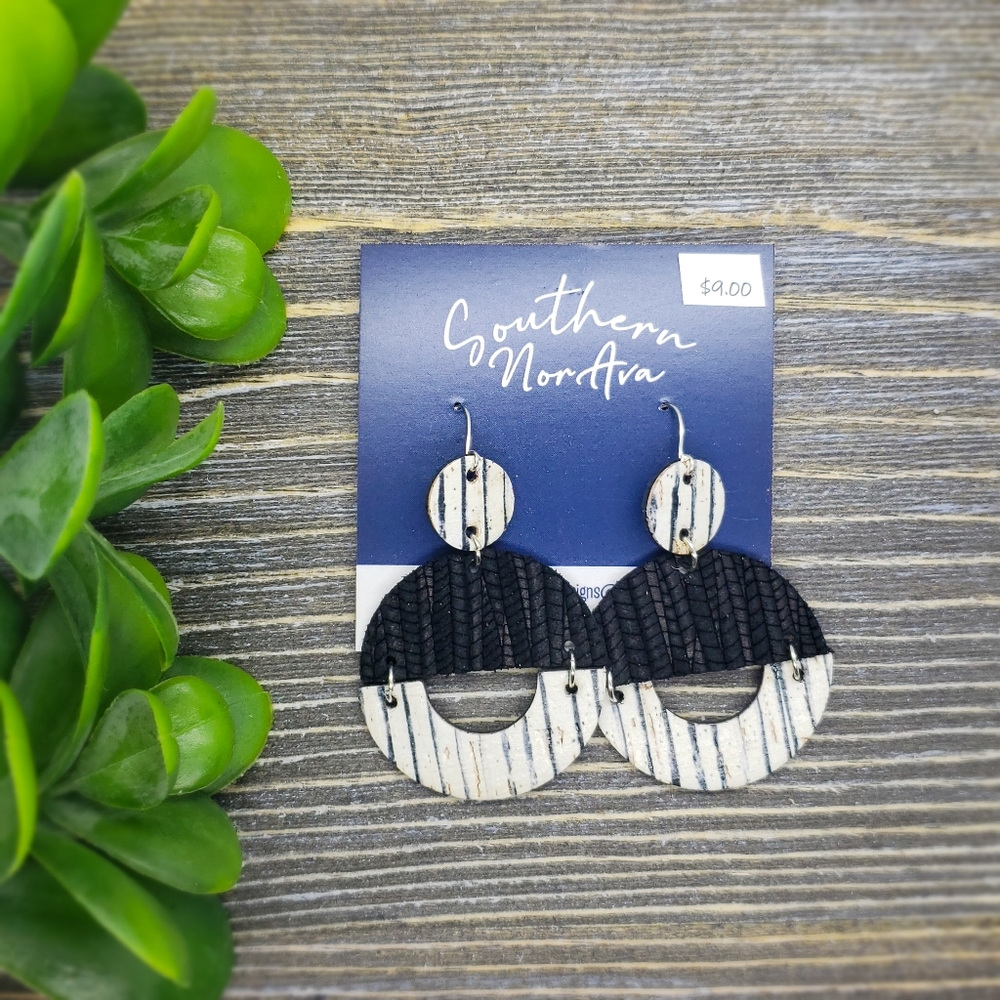 Black and White Pinstripe Leather Earrings